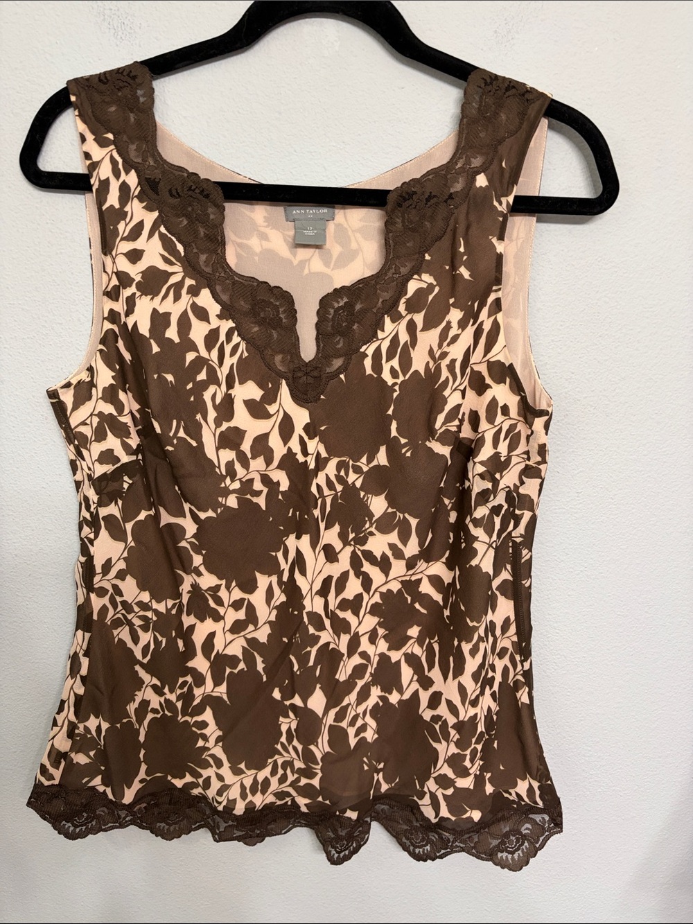 Ann Taylor Silk Brown and Blush Floral Lace-Trim Camisole